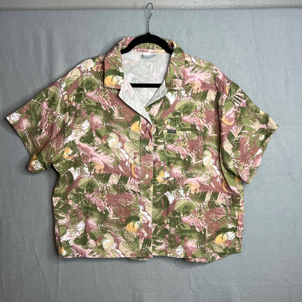 Columbia Boxy Short Sleeve Shirt Women Size XL Tropical Hawaiian Interior Pocket